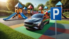 Koláž - auto parkující na dětském hřišti