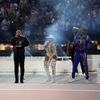 Eminem, Kendrick Lamar, Dr. Dre, Mary J. Blige, 50 Cent a Snoop Dogg při přestávkovém programu během Super Bowlu LVI 2022