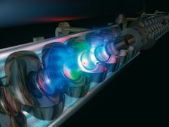 Urychlované elektrony v budoucím laseru XFEL, projektu s titulem evropská výzkumná infrastruktura. Při změně směru pak elektrony vyzáří částici světla foton.