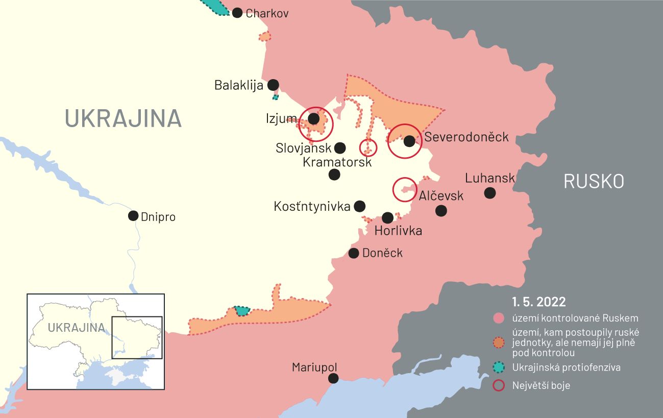2. květen 2022: Mapa bojů na Ukrajině