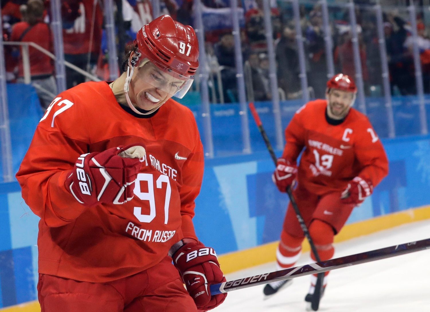 Nikita Gusev slaví gól ve čtvrtfinále s Norskerm na ZOH 2018