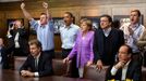 May 19 "At Camp David for the G8 Summit, European leaders took a break to watch the overtime shootout of the Chelsea vs. Bayern Munich Champions League final. Prime Minister David Cameron of the United Kingdom, the President, Chancellor Angela Merkel of Germany, José Manuel Barroso, President of the European Commission, French President François Hollande react during the winning goal."