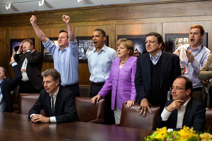 May 19 "At Camp David for the G8 Summit, European leaders took a break to watch the overtime shootout of the Chelsea vs. Bayern Munich Champions League final. Prime Minister David Cameron of the United Kingdom, the President, Chancellor Angela Merkel of Germany, José Manuel Barroso, President of the European Commission, French President François Hollande react during the winning goal."