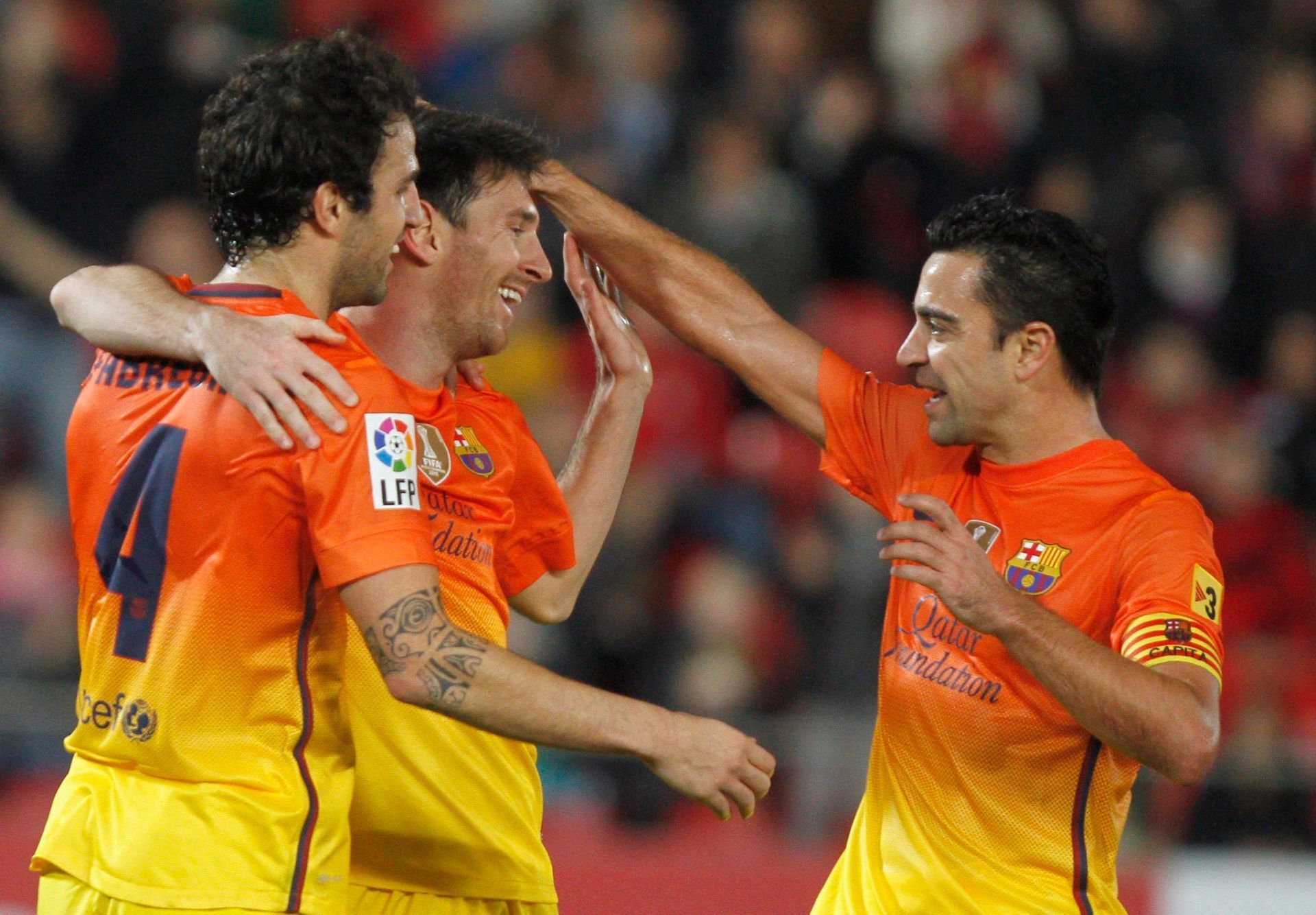 Hráči Barcelony slaví gól do sítě Mallorky