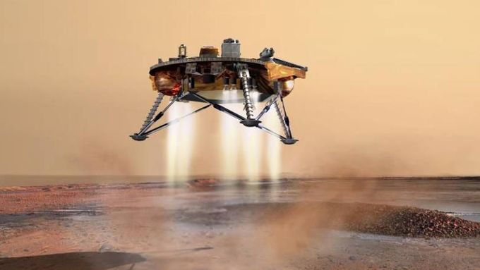 Takto by mělo vypadat přistání sondy Phoenix na povrchu Marsu. V závěru ji budou brzdit přistávací motory.
