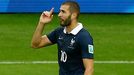 France's Benzema gestures after scoring a goal against Honduras during their 2014 World Cup Group E soccer match at the Beira Rio stadium in Porto Alegre