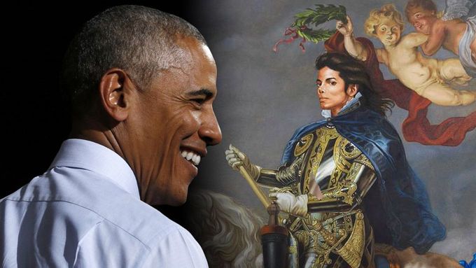 Barack Obama a obraz Michaela Jacksona od umělce Kehinde Wileyho.