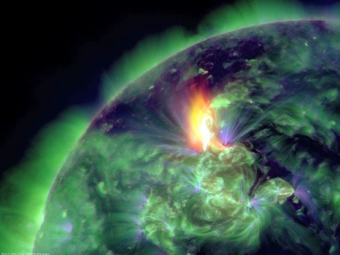 01.19.12 M3.2 Solar Flare and CME Still from video of Jan 19, 2012 long duration solar flare and coronal mass ejection (CME) which is expect to reach Earth on Jan 21, 2012. Credit: NASA/SDO