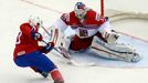 Goalie Alexander Salak of the Czech Republic saves in front of Norway's Ken Andre Olimb (L) during the second period of their men's ice hockey World Championship Group A