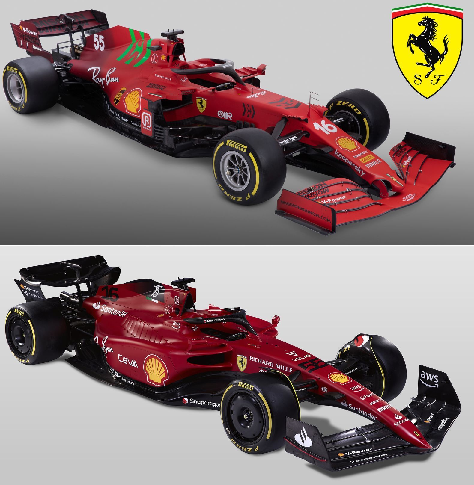 Porovnání monopostů F1 Ferrari z roku 2021 (nahoře) a 2022