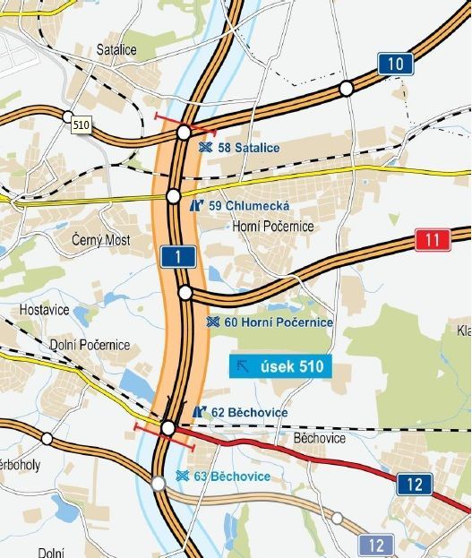 Oprava trasy R1 Pražského okruhu - mapa