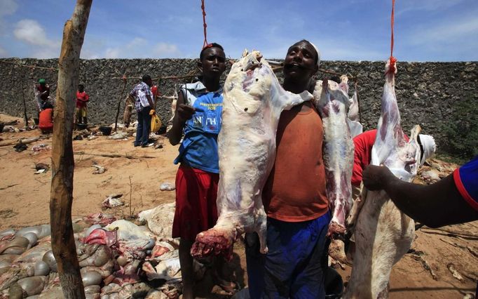 People prepare slaughtered goats on the first day of Eid al-Adha in Somalia's capital Mogadishu, October 26, 2012. Muslims around the world celebrate Eid al-Adha to mark the end of the Haj by slaughtering sheep, goats, cows and camels to commemorate Prophet Abraham's willingness to sacrifice his son Ismail on God's command. REUTERS/Omar Faruk (SOMALIA - Tags: SOCIETY RELIGION ANIMALS) Published: Říj. 26, 2012, 4:10 odp.