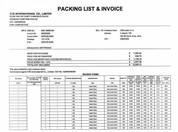 Původní faktura mezi firmami CTE International a CBE Trade na nákup ústenek.