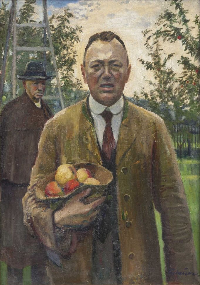 Paul Gebauer: Autoportrét, polovina 20. let, olej, plátno, 100 × 70 cm,
Slezské zemské muzeum