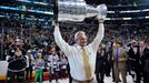 Jun 13, 2014; Los Angeles, CA, USA; Los Angeles Kings head coach Darryl Sutter hoists the Stanley Cup after defeating the New York Rangers game five of the 2014 Stanley C