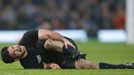 Nehe Milner-Skudder of New Zealand reacts after sustaining an injury during their Rugby World Cup semi-final match against South Africa at Twickenham in London, Britain O