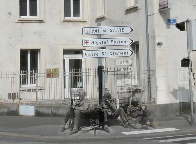 Ghosts of war - France; Taking a break place Marie Ravenel à Cherbourg Keep updated when I make more photos like these by liking my page on facebook; www.facebook.com/thenandnowghostsofhistory Thanks (Merci) to Claude who took the modern day photo, and Michel Le Querrec who has an amazing collection of WW2 photos on flickr; www.flickr.com/photos/mlq/