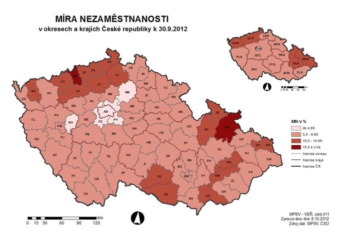 Míra nezaměstnanosti v okresech a krajích v září 2012 (čím tmavší, tím horší). Klikněte pro zvětšení.