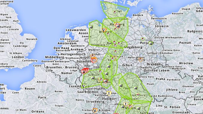 Mapa ukazuje omezení provozu nákladních vlaků v Německu kvůli nedostatku elektřiny.