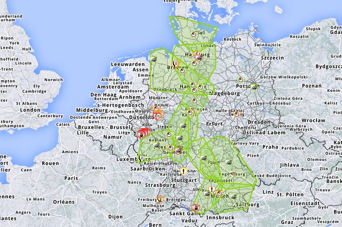 Mapa ukazuje omezení provozu nákladních vlaků v Německu kvůli nedostatku elektřiny.