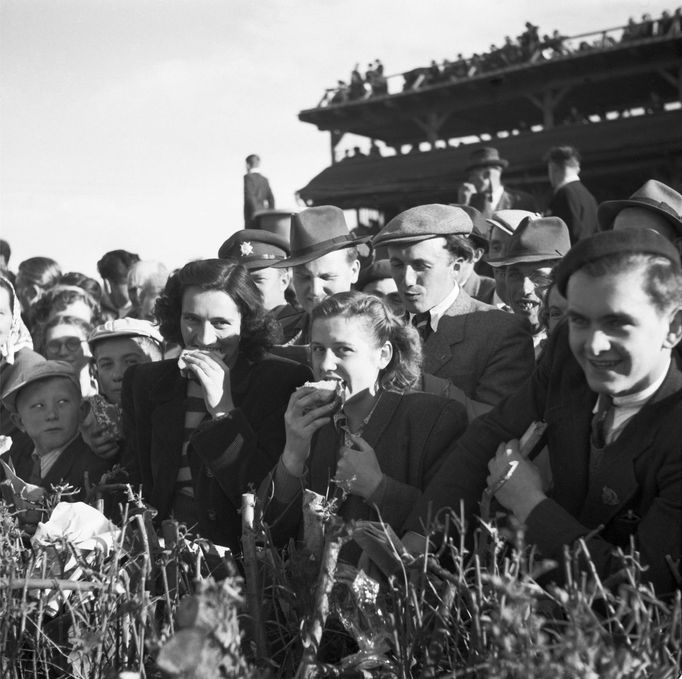 Diváci při sledování Velké pardubické steeplechase v Pardubicích, 23. října 1949. Na závodišti se sešlo přibližně 30 000 lidí.