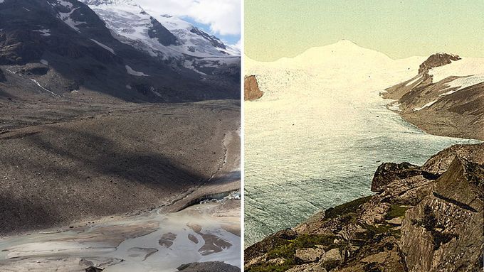 Srovnání, jak vypadal alpský ledovec před 120 lety a nyní