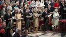 (front row L-R) Britain's Prince Harry, Catherine, Duchess of Cambridge, Prince William, Camilla, Duchess of Cornwall, Prince Charles and Queen Elizabeth attend a service of thanksgiving to celebrate the Diamond Jubilee of Queen Elizabeth at St Paul's Cathedral in central London June 5, 2012. Four days of nationwide celebrations during which millions of people have turned out to mark the Queen's Diamond Jubilee conclude on Tuesday with a church service and carriage procession through central London. REUTERS/Murray Sanders/Pool (BRITAIN - Tags: ANNIVERSARY ENTERTAINMENT POLITICS SOCIETY RELIGION ROYALS) Published: Čer. 5, 2012, 12:26 odp.