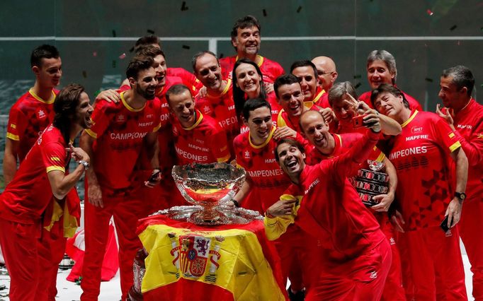 Tennis - Davis Cup Finals - Final - Caja Magica, Madrid, Spain - November 24, 2019   Spain's Rafael Nadal takes a selfie with team mates after winning the Davis Cup final