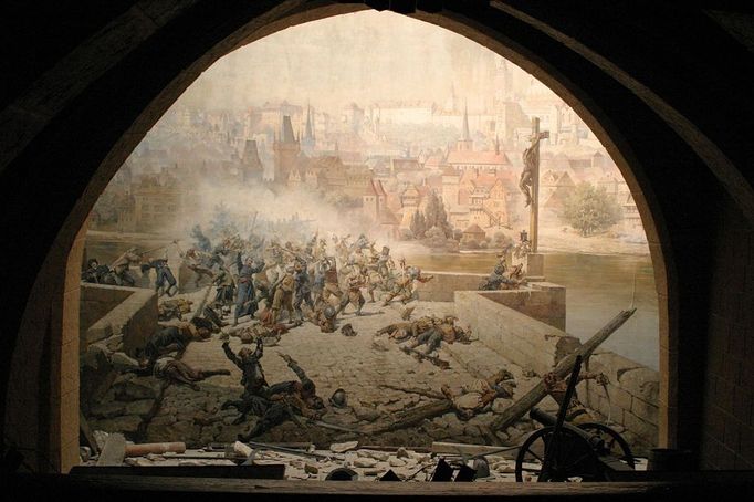 Image: 0005655577, License: Rights managed, Restrictions: ::::::::::::::, diorama depicting the final battle of the thirty years war on charles bridge at petrin hill prague art hall of mirrors picture painting paint shape silhoutte silhouetted fight fighting attack attacking bridge charles bridges vltava river museum, Property Release: No or not aplicable, Model Release: No or not aplicable, Credit line: Profimedia.cz, Alamy