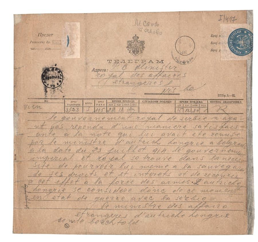 Telegram vyhlašující 1. světovou válku