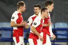 Slávisté slaví gól v odvetě  2. kola  Evropské ligy Leicester  - Slavia