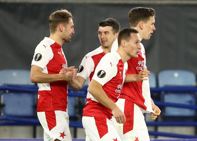 Slávisté slaví gól v odvetě  2. kola  Evropské ligy Leicester  - Slavia