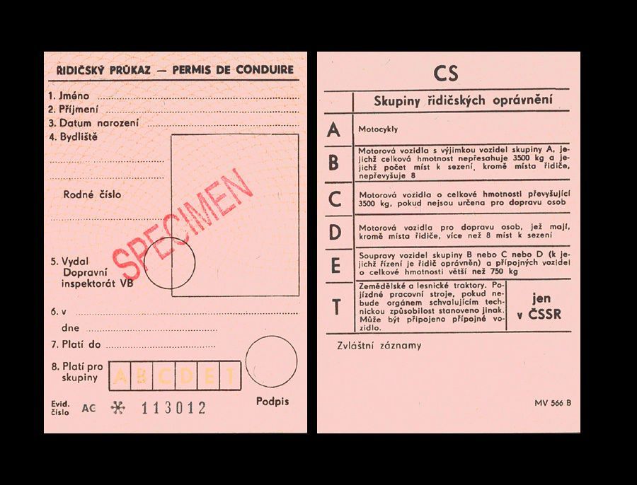 Řidičský průkaz, vydávaný v letech 1986-1991