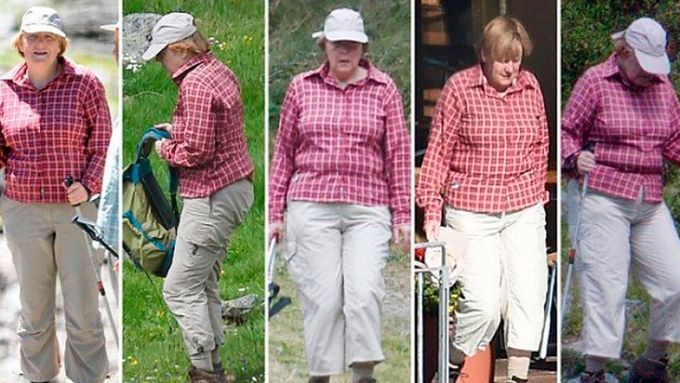 Identické oblečení německé kancléřky Merkelové během její letní dovolené v horách v letech 2013-2017.
