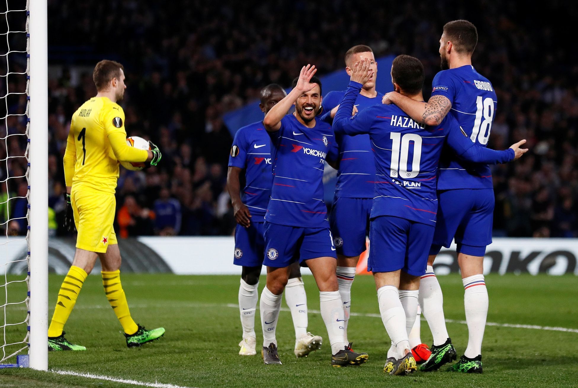 fotbal, odveta čtvrtfinále Evropské ligy, Chelsea - Slavia, Chelsea slaví druhý gól