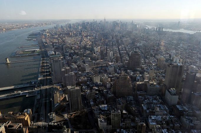 A view of Manhattan looking north as officials from The Durst Organization, Legends Hospitality LLC and The Port Authority of New York & New Jersey give a preview to the news media of the One World Observatory site, the planned public observation deck under construction on the 100th floor of One World Trade Center April 2, 2013 in New York.