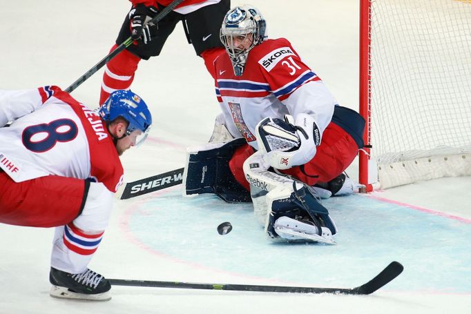 MS 2015: Česko - Kanada: Jan Hejda (8) a Ondřej Pavelec