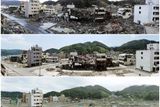 Kombinace fotek zachycuje škody v obytné zástavbě města Onagawa 11. března, 3. června a 1. září.