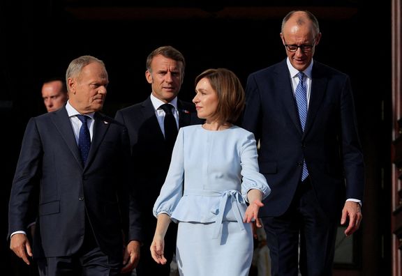 Polský premiér Donald Tusk, francouzský prezident Emmanuel Macron, moldavská prezidentka Maia Sandu a německý kancléř Friedrich Merz. 27. srpna 2025