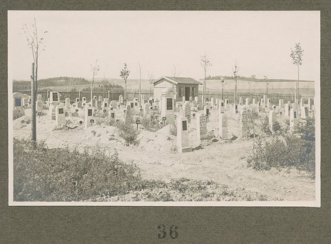 Nově zřízený „tyfový“ židovský hřbitov pro uprchlíky, kteří zemřeli v barákovém táboře v Německém (dnes Havlíčkově) Brodu, 1917.