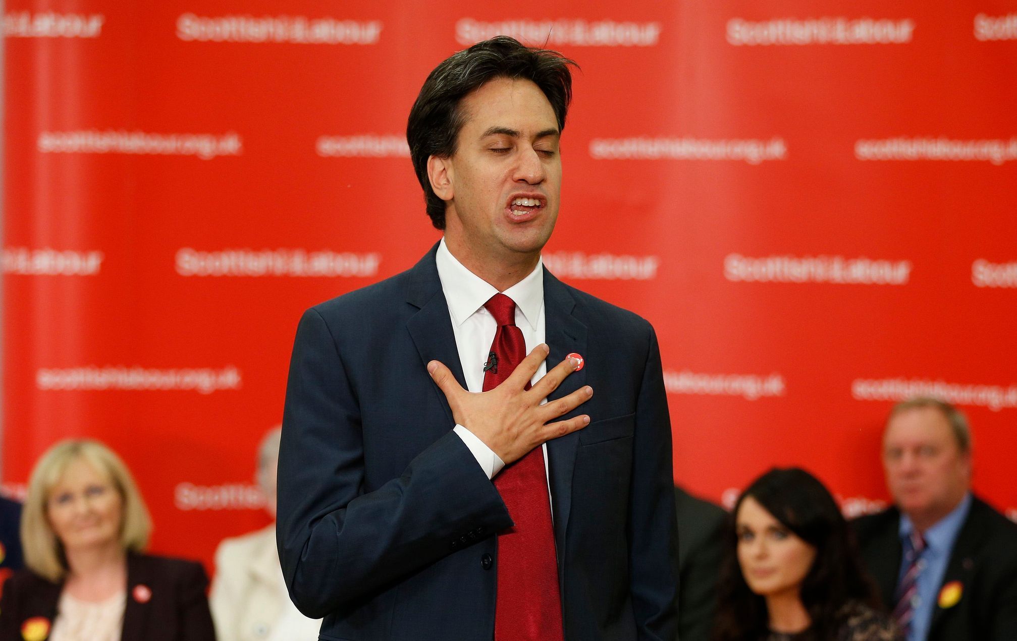 Britain's opposition Labour Party leader Ed Miliband speaks during a campaign meeting in Cumbernauld in Glasgow