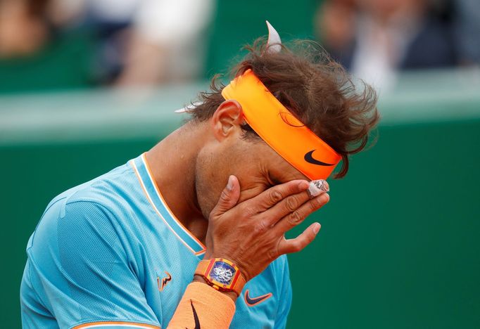 Tennis - ATP 1000 - Monte Carlo Masters - Monte-Carlo Country Club, Roquebrune-Cap-Martin, France - April 20, 2019   Spain's Rafael Nadal reacts during his semi final mat