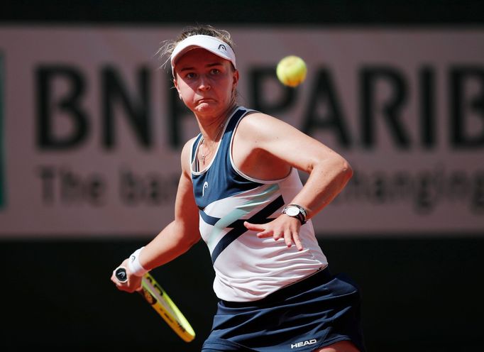 Tennis - French Open - Roland Garros, Paris, France - June 9, 2021 Czech Republic's Barbora Krejcikova reacts during her quarter final match against Cori Gauff of the U.S