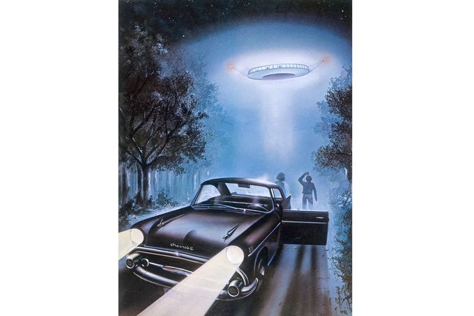 Umělecké ztvárnění setkání manželů Hillových s UFO u Indian Head v New Hampshire v noci 19. září 1961, které se stalo prvním medializovaným únosem.