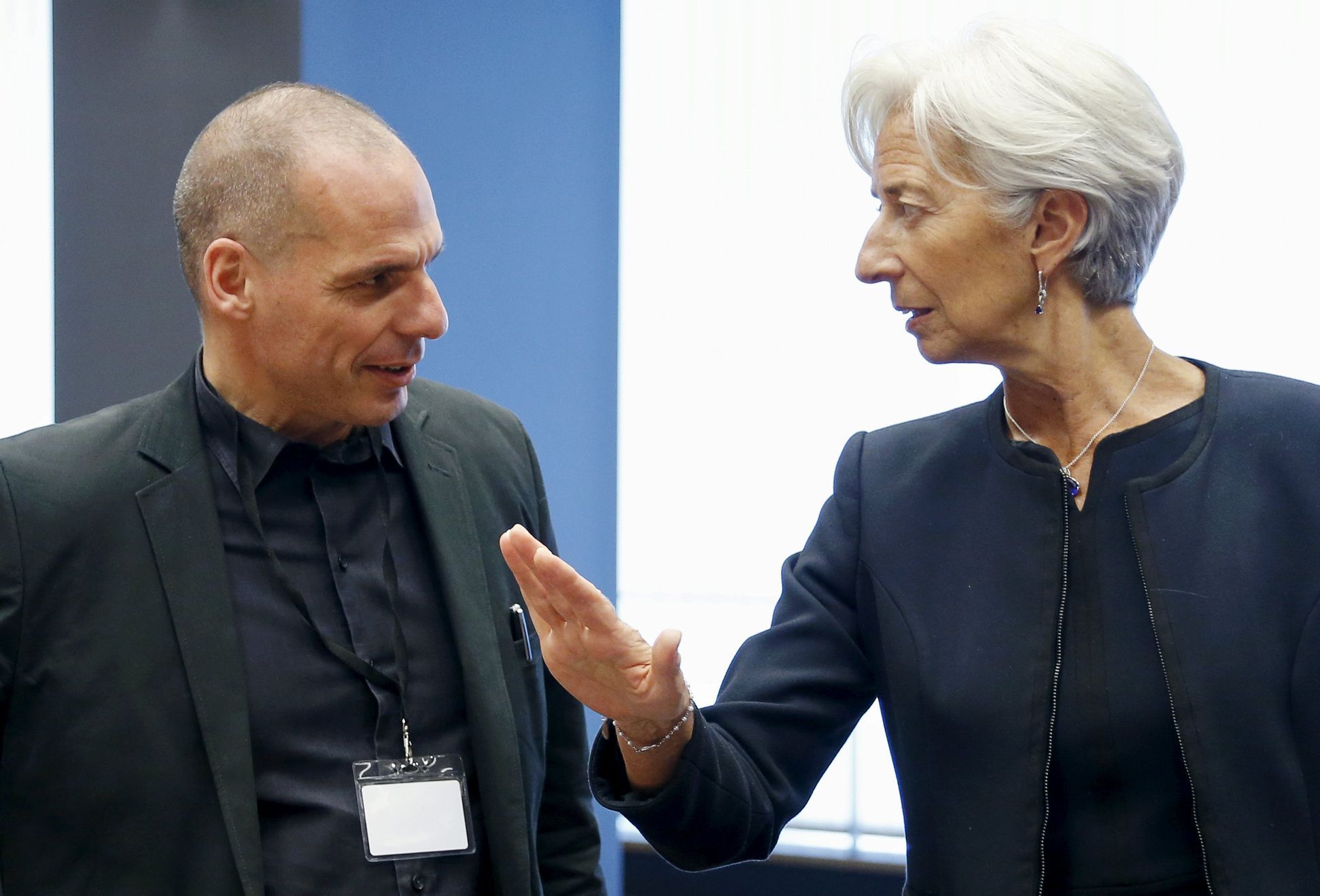 Greek Finance Minister Varoufakis listens to IMF Managing Director Lagarde during an euro zone finance ministers meeting in Luxembourg