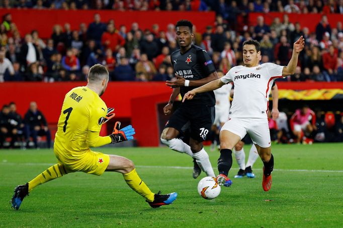 fotbal, Evropská liga 2018/2019, FC Sevilla - Slavia Praha, Ondřej Kolář a Wissam Ben Yedder