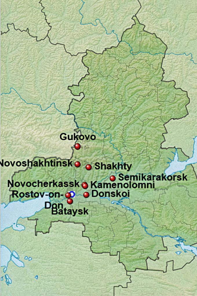 Mapa míst v Rostovské oblasti v Rusku, kde bylo do roku 1985 zavražděno několik obětí.