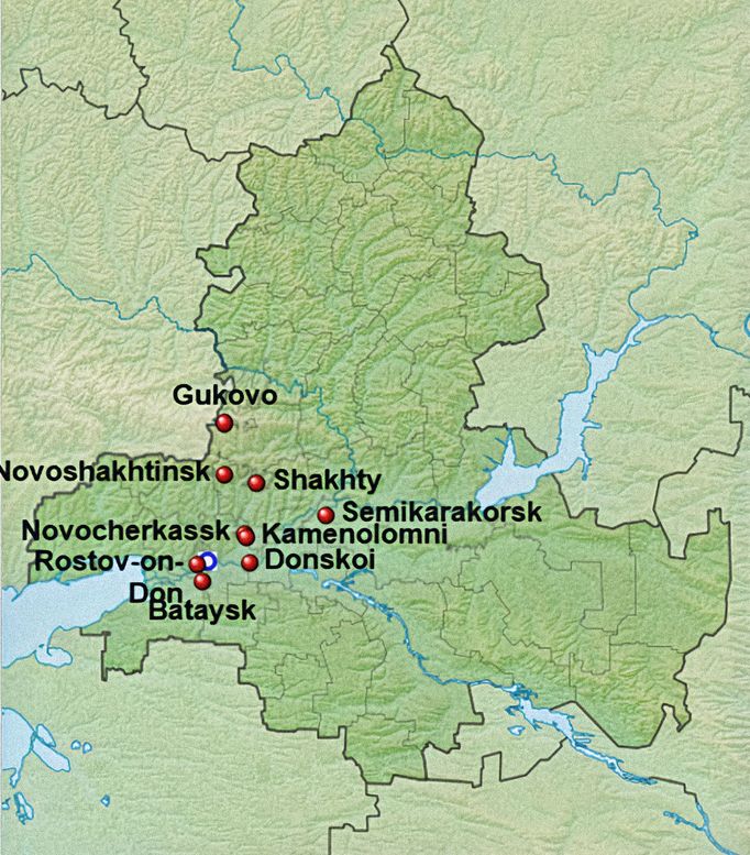 Mapa míst v Rostovské oblasti v Rusku, kde bylo do roku 1985 zavražděno několik obětí.