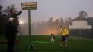 Golf - The Masters - Augusta National Golf Club - Augusta, Georgia, U.S. - November 12, 2020 A member of staff places the names of Honorary starters Jack Nicklaus and Gar