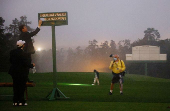 Golf - The Masters - Augusta National Golf Club - Augusta, Georgia, U.S. - November 12, 2020 A member of staff places the names of Honorary starters Jack Nicklaus and Gar